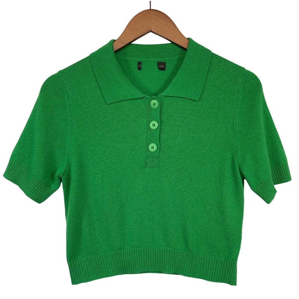 House Of Harlow 1960 Crop Polo Sweater 100% Cashmere S Kelly Green Quiet Luxury
